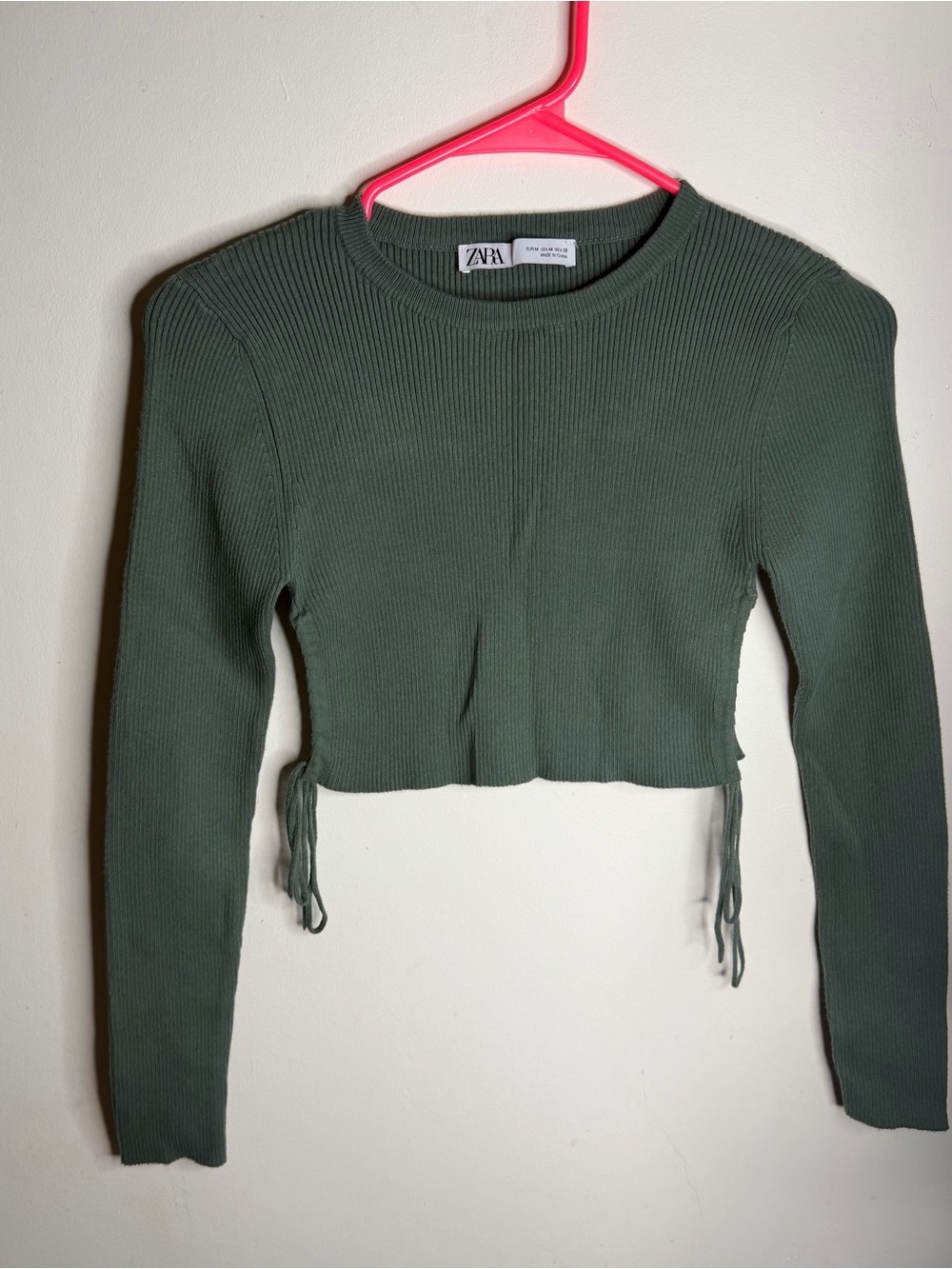 Zara Olive Ribbed Cropped Long-Sleeve Top with Side Ties